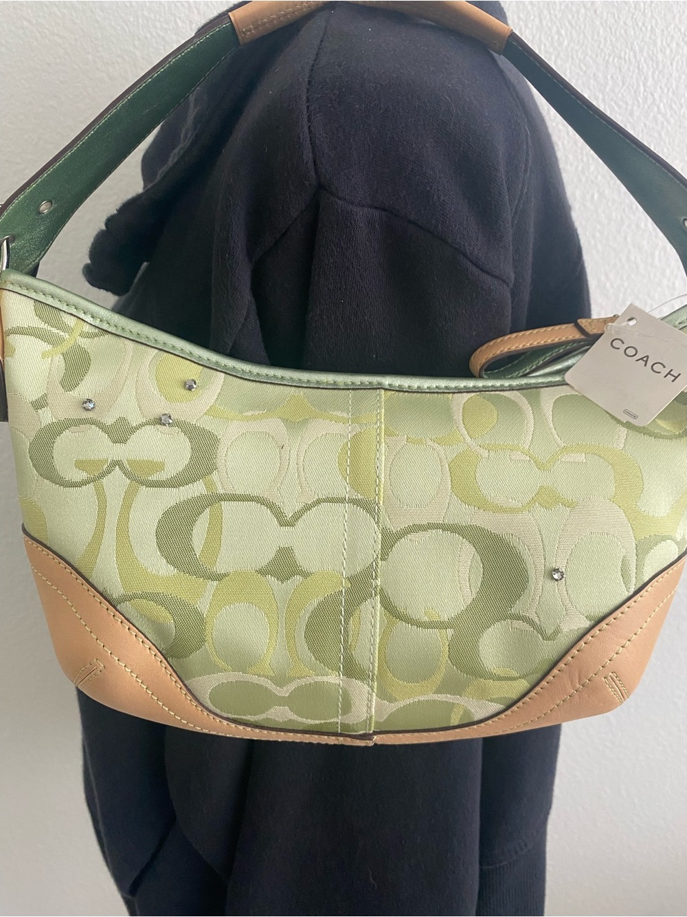 Coach Green Signature Canvas Shoulder Bag with Tan Leather Trim - Picture 6 of 12